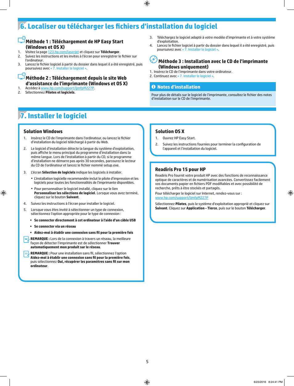 Configuration initiale sur le panneau de commande, Solution windows, Solution os x | Readiris pro 15 pour hp | HP LaserJet Pro MFP M227fdw User Manual | Page 5 / 48