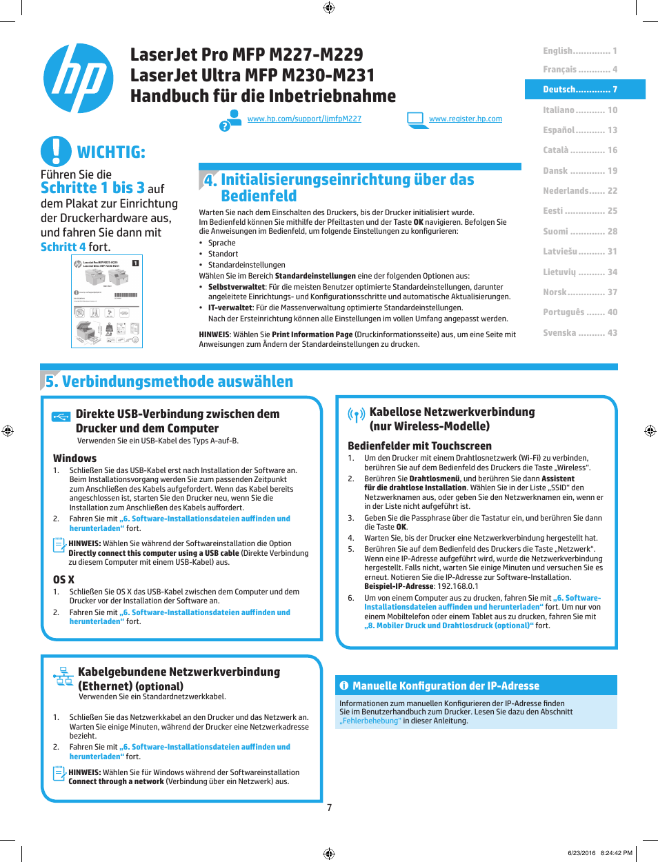 Wichtig, Verbindungsmethode auswählen, Initialisierungseinrichtung über das bedienfeld | Schritte 1 bis 3, Kabelgebundene netzwerkverbindung (ethernet), Führen sie die | HP LaserJet Pro MFP M227fdw User Manual | Page 7 / 48