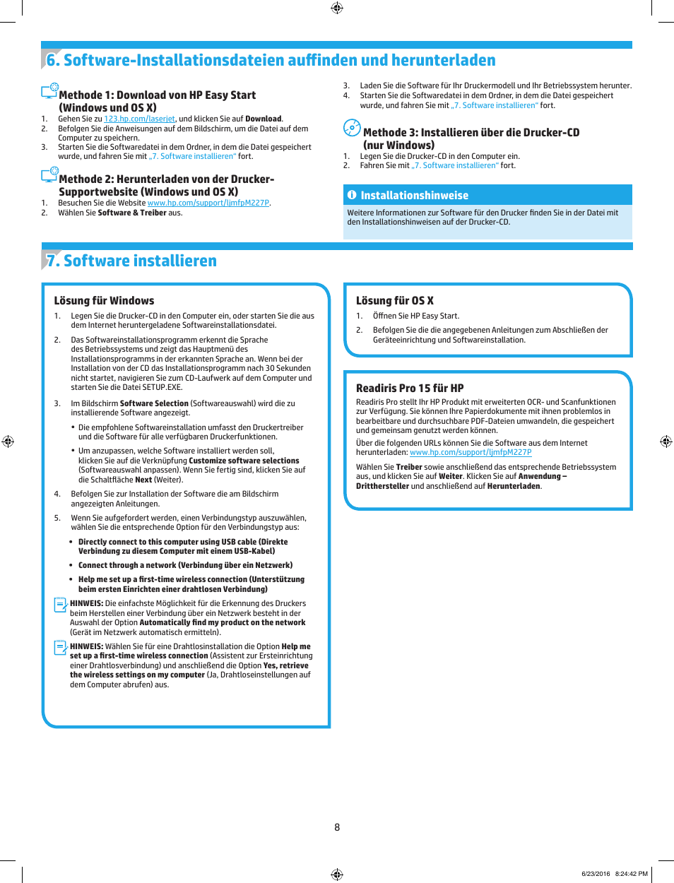 Lösung für windows, Lösung für os x, Readiris pro 15 für hp | Installationshinweise | HP LaserJet Pro MFP M227fdw User Manual | Page 8 / 48