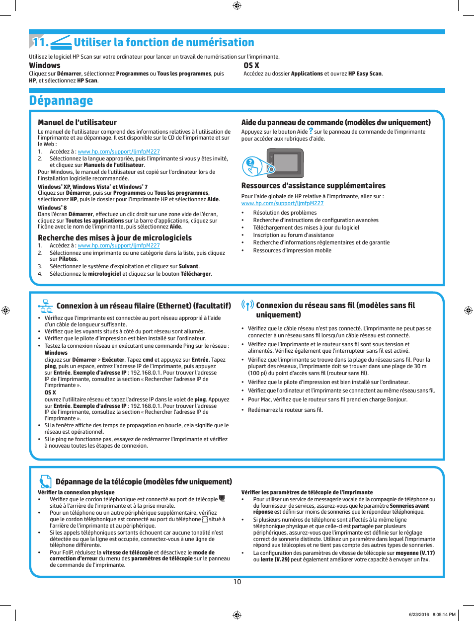 Dépannage, Utiliser la fonction de numérisation, Dépannage de la télécopie (modèles fdw uniquement) | Manuel de l’utilisateur, Recherche des mises à jour de micrologiciels, Ressources d’assistance supplémentaires, Windows, Os x | HP LaserJet Pro MFP M227fdw User Manual | Page 10 / 24