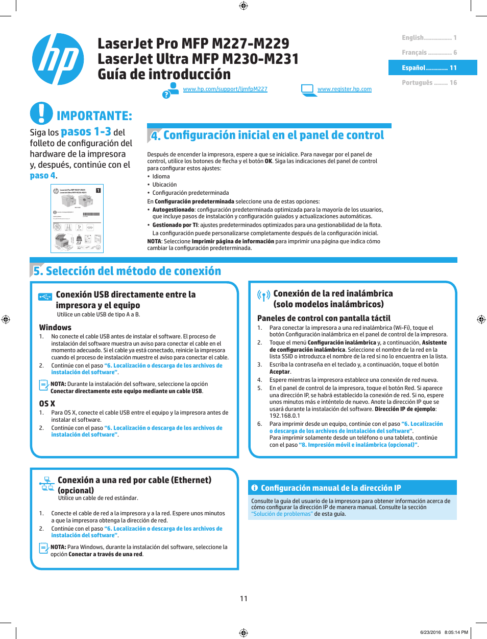 Importante, Pasos 1-3, Selección del método de conexión | Configuración inicial en el panel de control, Conexión a una red por cable (ethernet), Siga los | HP LaserJet Pro MFP M227fdw User Manual | Page 11 / 24