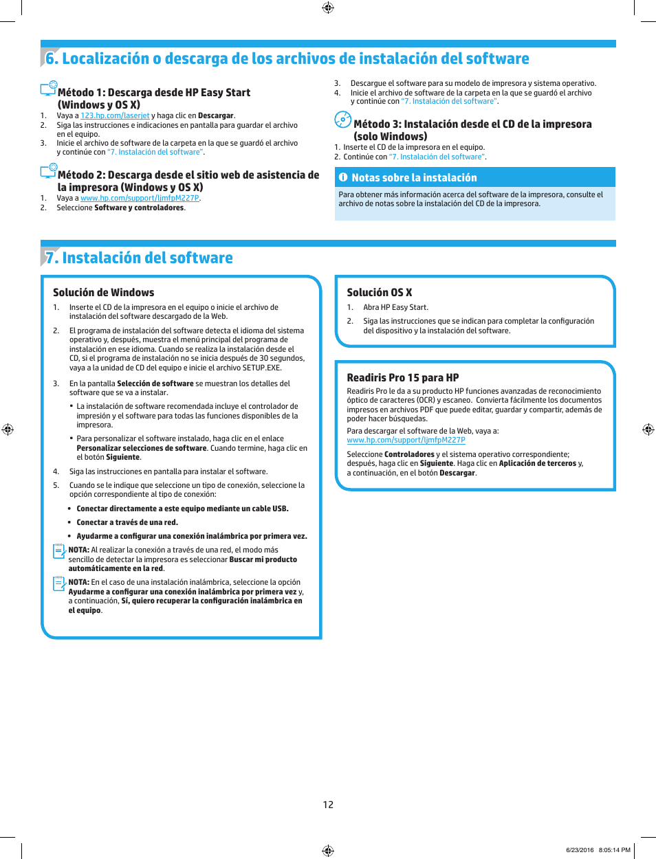 Solución de windows, Solución os x, Readiris pro 15 para hp | Notas sobre la instalación | HP LaserJet Pro MFP M227fdw User Manual | Page 12 / 24