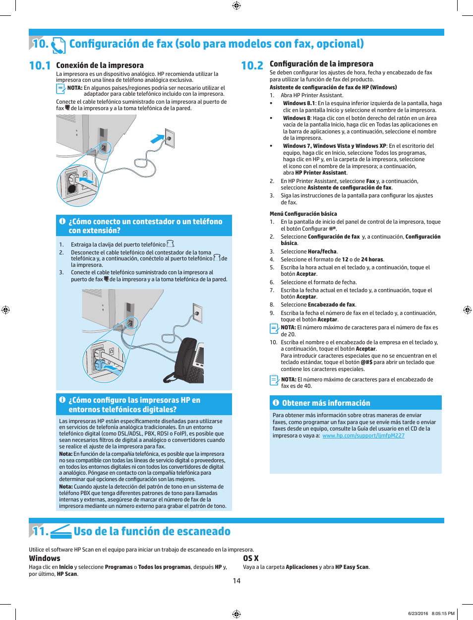 Conexión de la impresora, Configuración de la impresora, Obtener más información | Windows, Os x | HP LaserJet Pro MFP M227fdw User Manual | Page 14 / 24