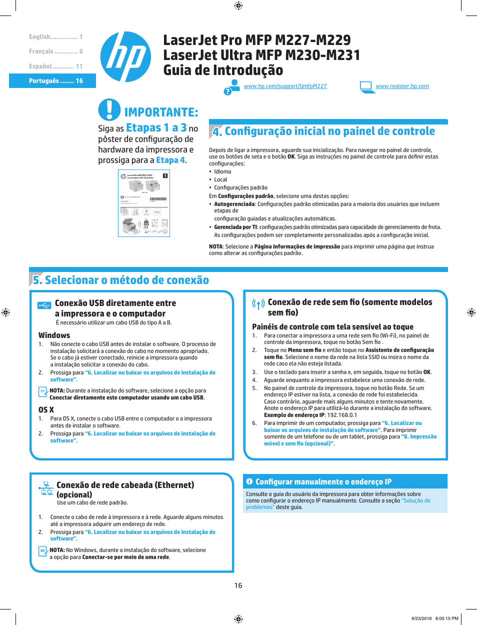 Importante, Etapas 1 a 3, Selecionar o método de conexão | Configuração inicial no painel de controle, Conexão de rede sem fio (somente modelos sem fio), Conexão de rede cabeada (ethernet), Siga as | HP LaserJet Pro MFP M227fdw User Manual | Page 16 / 24