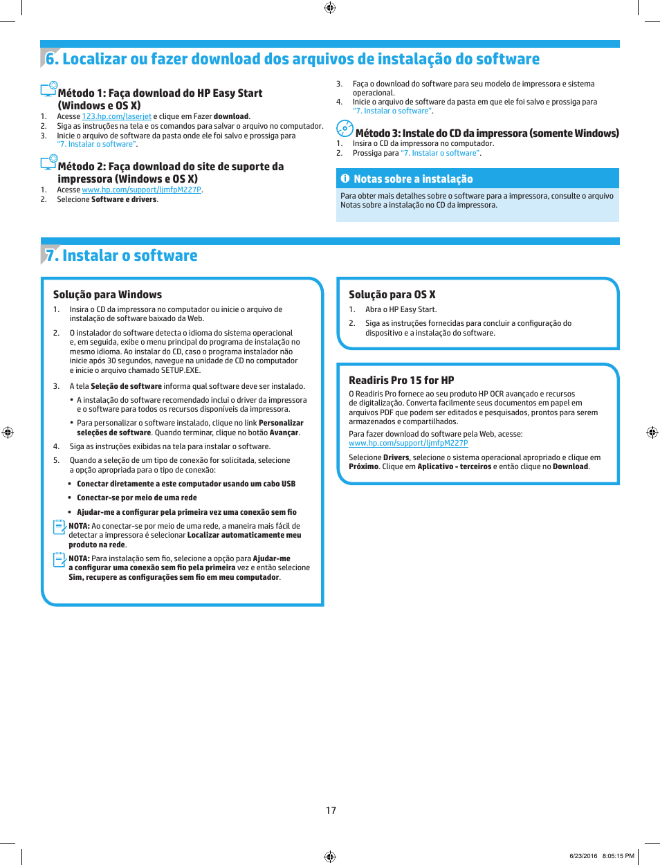 Solução para windows, Solução para os x, Readiris pro 15 for hp | Notas sobre a instalação | HP LaserJet Pro MFP M227fdw User Manual | Page 17 / 24