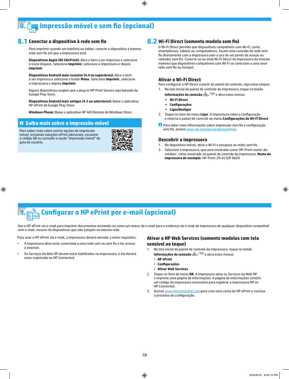 Saiba mais sobre a impressão móvel, Conectar o dispositivo à rede sem fio, Wi-fi direct (somente modelo sem fio) | Ativar o wi-fi direct, Descobrir a impressora | HP LaserJet Pro MFP M227fdw User Manual | Page 18 / 24