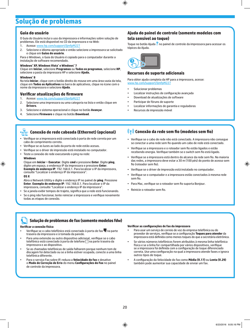 Solução de problemas, Conexão de rede cabeada (ethernet) (opcional), Conexão da rede sem fio (modelos sem fio) | Solução de problemas de fax (somente modelos fdw), Guia do usuário, Verificar atualizações de firmware, Recursos de suporte adicionais | HP LaserJet Pro MFP M227fdw User Manual | Page 20 / 24