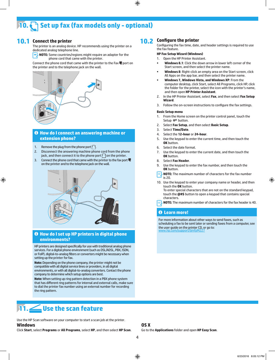 Connect the printer, Configure the printer, Learn more | Windows, Os x | HP LaserJet Pro MFP M227fdw User Manual | Page 4 / 24