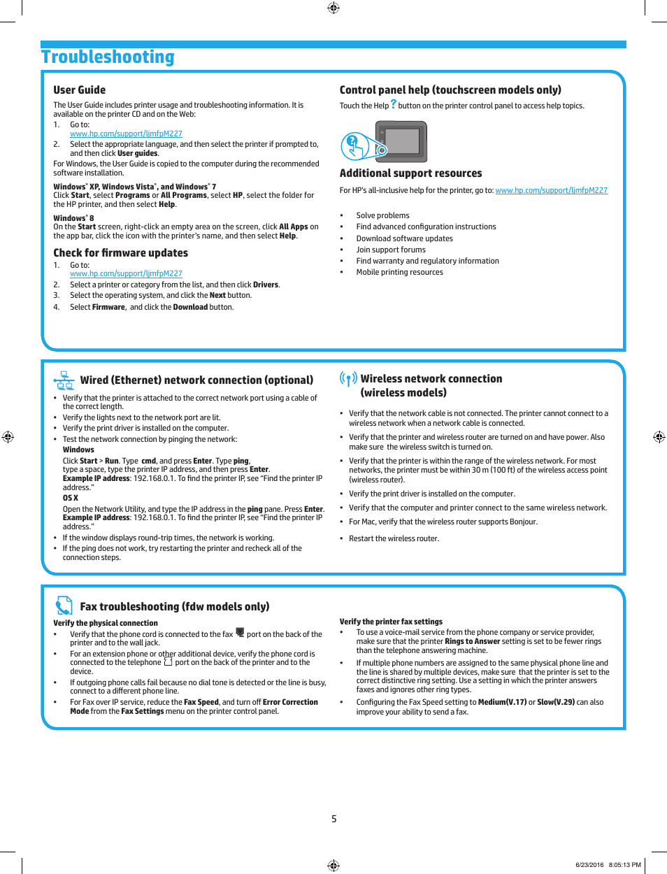 Troubleshooting, Wired (ethernet) network connection (optional), Wireless network connection (wireless models) | Fax troubleshooting (fdw models only), User guide, Check for firmware updates, Control panel help (touchscreen models only), Additional support resources | HP LaserJet Pro MFP M227fdw User Manual | Page 5 / 24