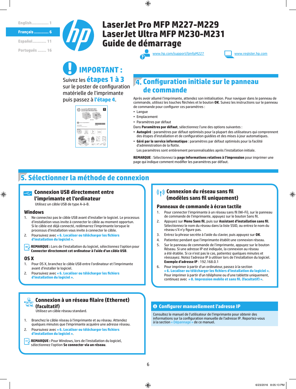Important, Étapes 1 à 3, Sélectionner la méthode de connexion | Configuration initiale sur le panneau de commande, Connexion à un réseau filaire (ethernet), Suivez les | HP LaserJet Pro MFP M227fdw User Manual | Page 6 / 24