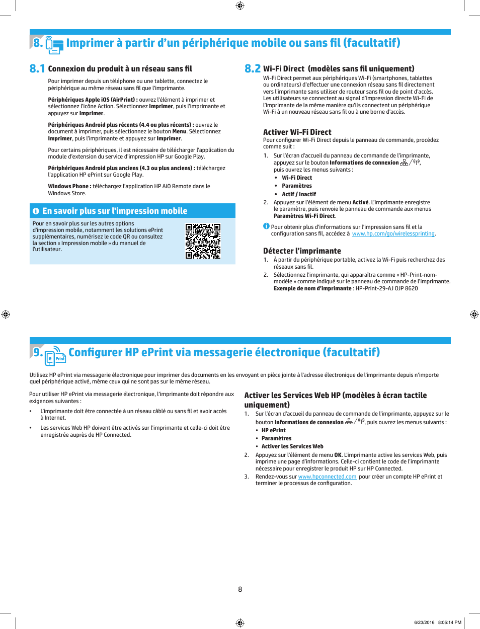 En savoir plus sur l'impression mobile, Connexion du produit à un réseau sans fil, Wi-fi direct (modèles sans fil uniquement) | Activer wi-fi direct, Détecter l’imprimante | HP LaserJet Pro MFP M227fdw User Manual | Page 8 / 24