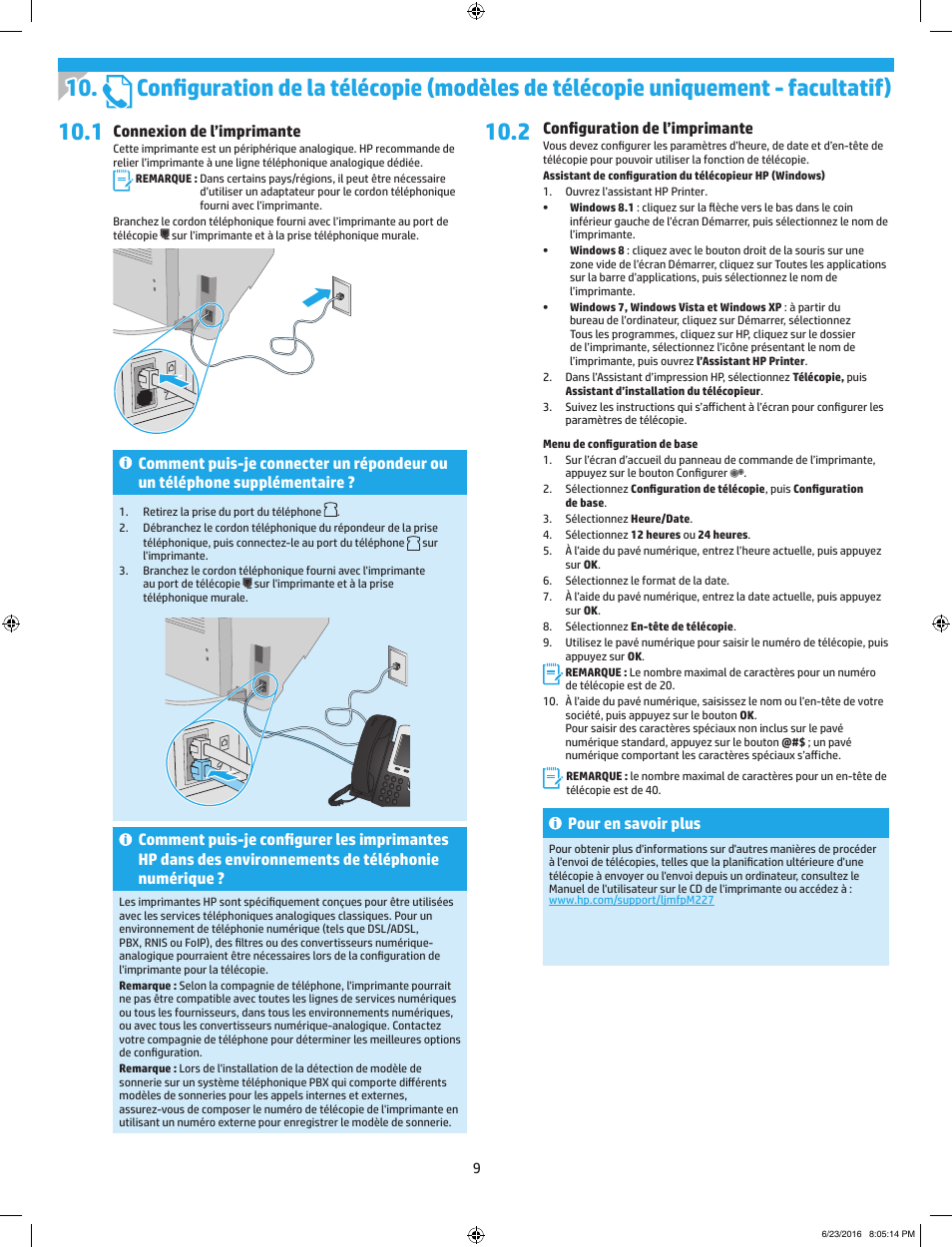 Connexion de l’imprimante, Configuration de l’imprimante, Pour en savoir plus | HP LaserJet Pro MFP M227fdw User Manual | Page 9 / 24