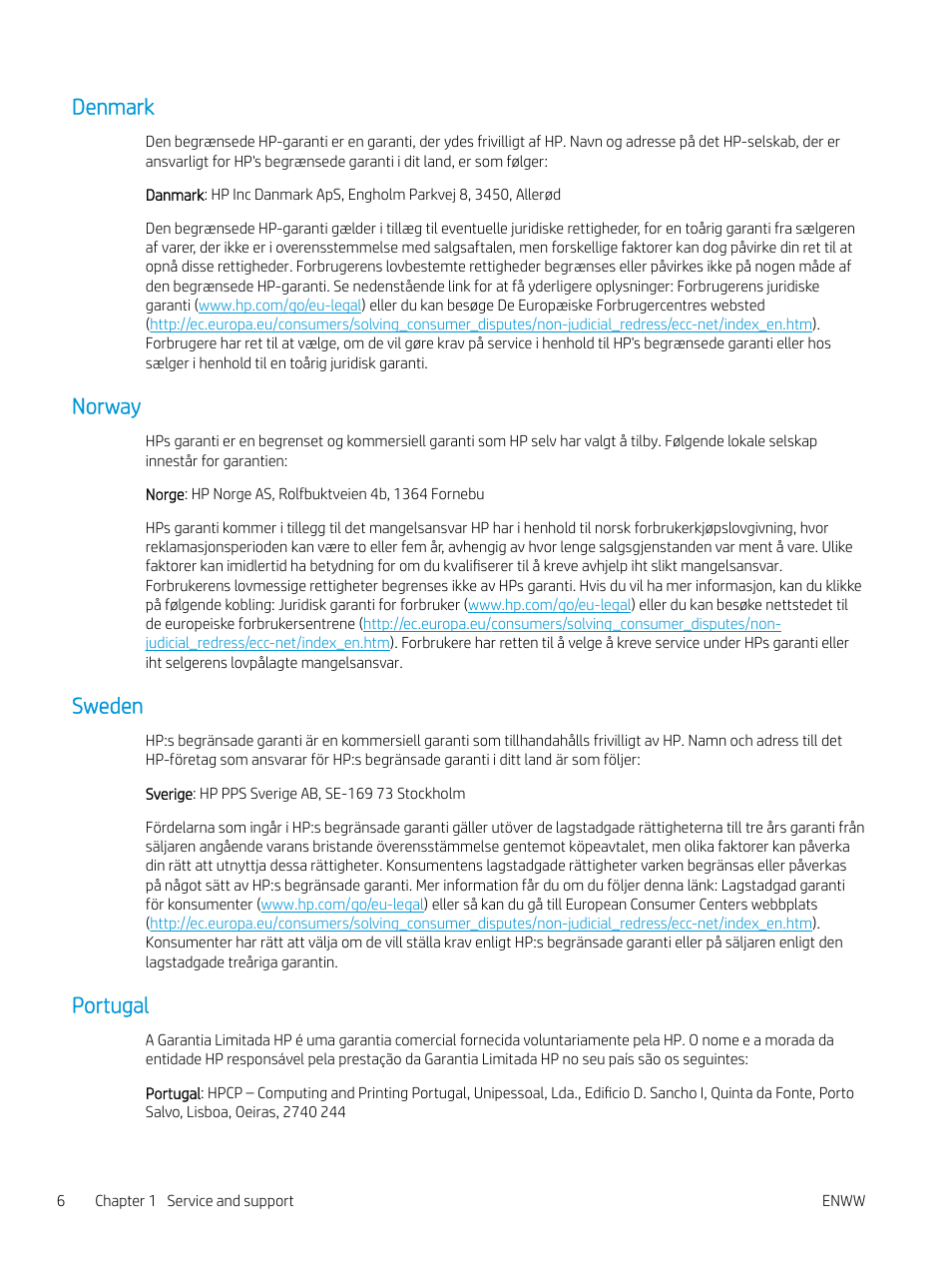 Denmark, Norway, Sweden | Portugal, Denmark norway sweden portugal | HP LaserJet Pro MFP M227fdw User Manual | Page 14 / 60