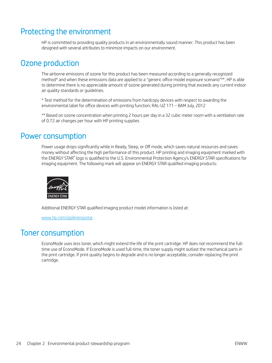 Protecting the environment, Ozone production, Power consumption | Toner consumption | HP LaserJet Pro MFP M227fdw User Manual | Page 32 / 60