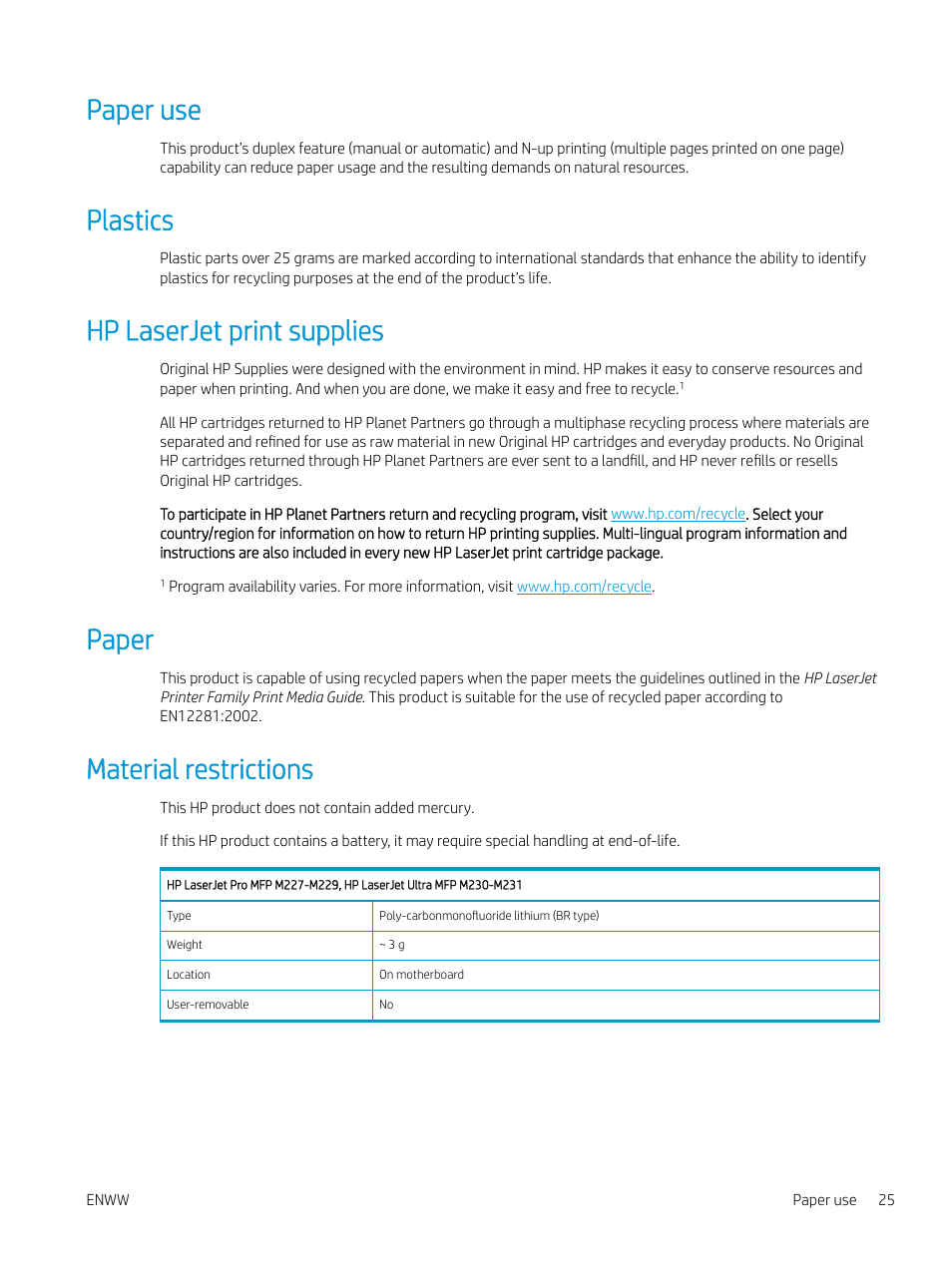 Paper use, Plastics, Hp laserjet print supplies | Paper, Material restrictions | HP LaserJet Pro MFP M227fdw User Manual | Page 33 / 60