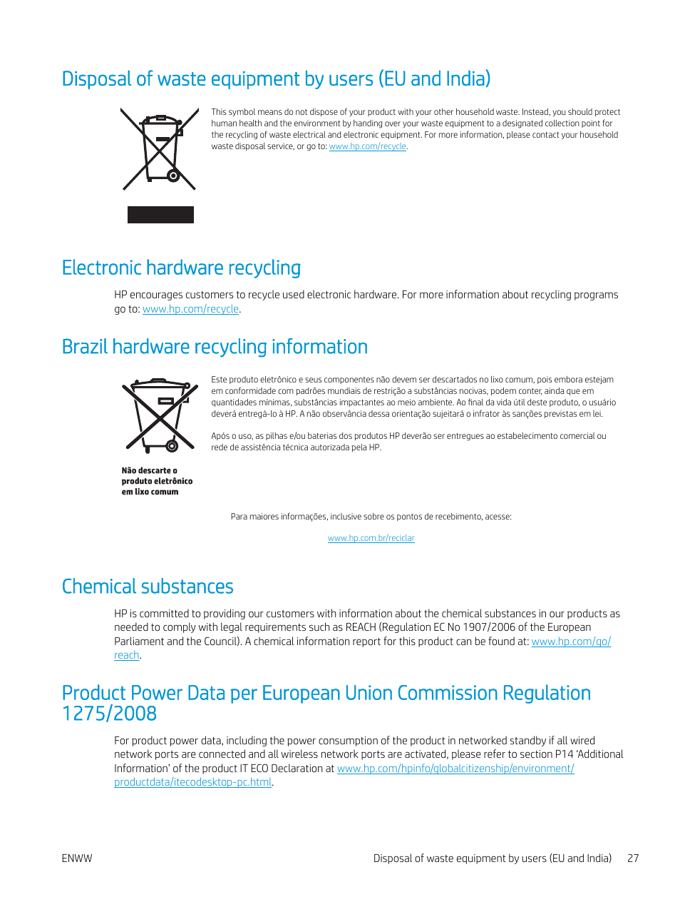 Electronic hardware recycling, Brazil hardware recycling information, Chemical substances | HP LaserJet Pro MFP M227fdw User Manual | Page 35 / 60