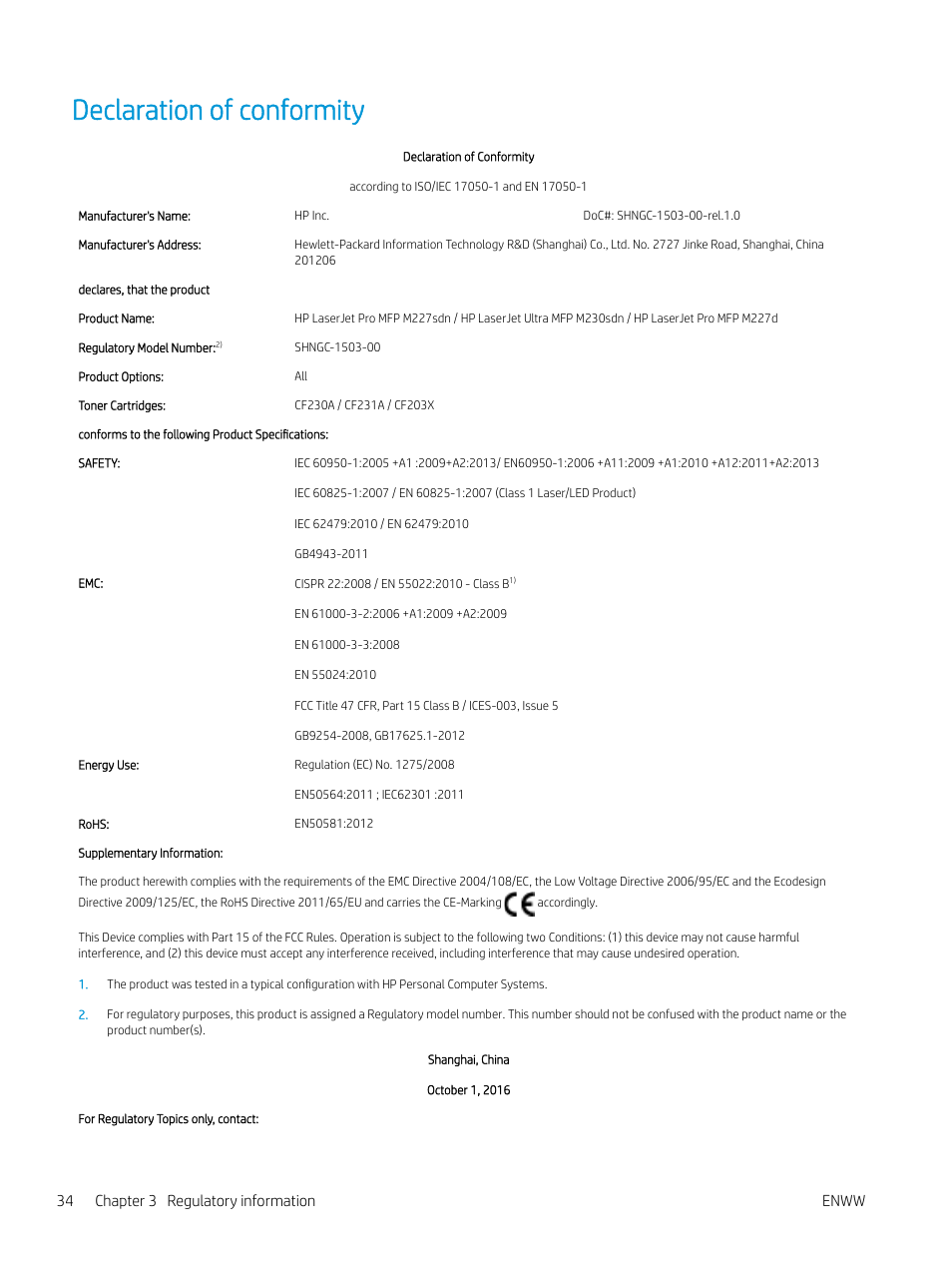 Declaration of conformity, 34 chapter 3 regulatory information enww | HP LaserJet Pro MFP M227fdw User Manual | Page 42 / 60