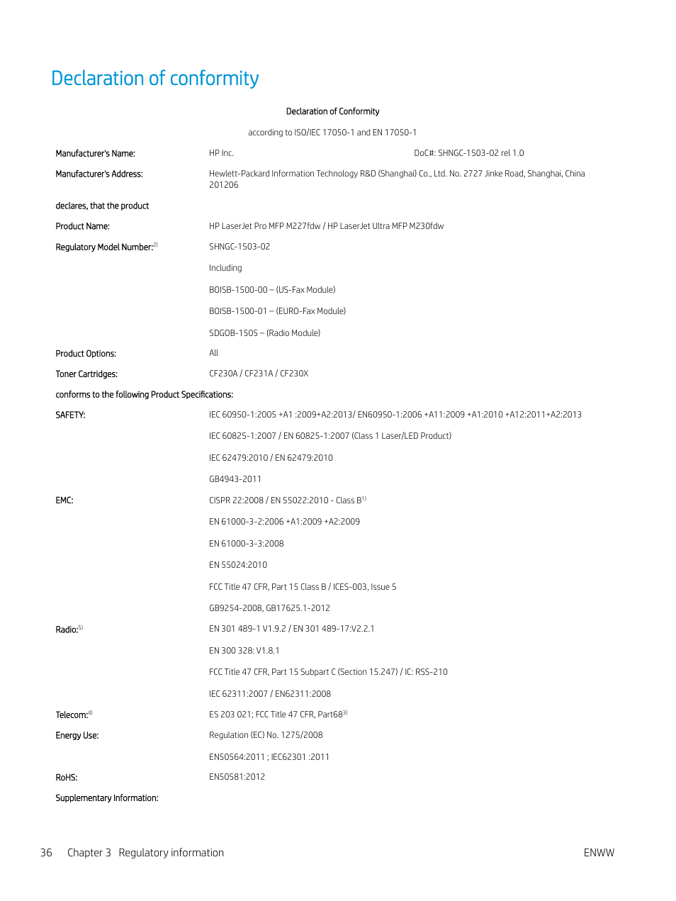 Declaration of conformity, 36 chapter 3 regulatory information enww | HP LaserJet Pro MFP M227fdw User Manual | Page 44 / 60