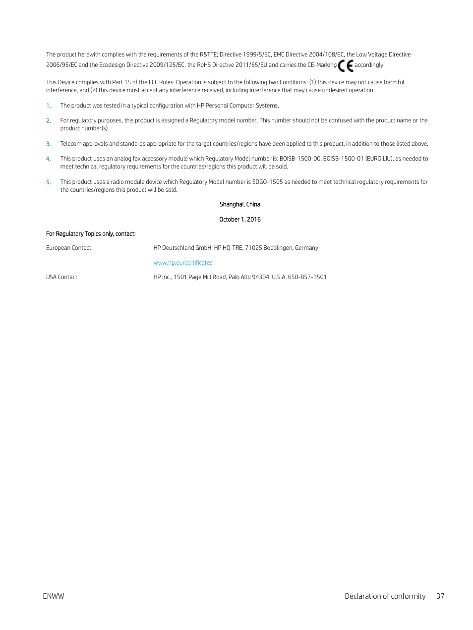 Enww declaration of conformity 37 | HP LaserJet Pro MFP M227fdw User Manual | Page 45 / 60