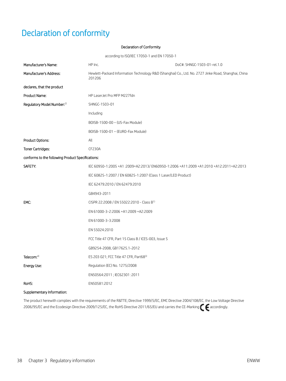 Declaration of conformity, 38 chapter 3 regulatory information enww | HP LaserJet Pro MFP M227fdw User Manual | Page 46 / 60