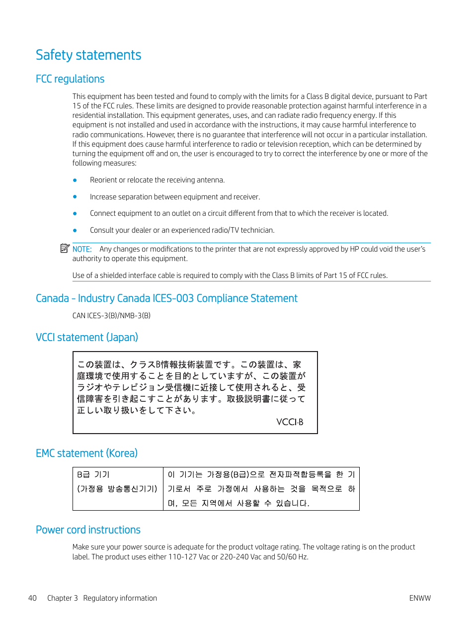 Safety statements, Fcc regulations, Vcci statement (japan) | Emc statement (korea), Power cord instructions | HP LaserJet Pro MFP M227fdw User Manual | Page 48 / 60