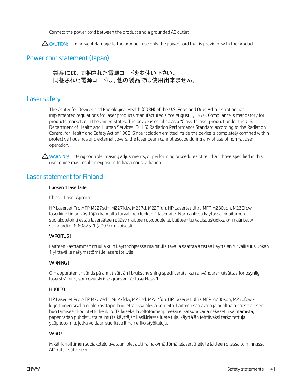 Power cord statement (japan), Laser safety, Laser statement for finland | Power cord statement (japan) laser safety | HP LaserJet Pro MFP M227fdw User Manual | Page 49 / 60