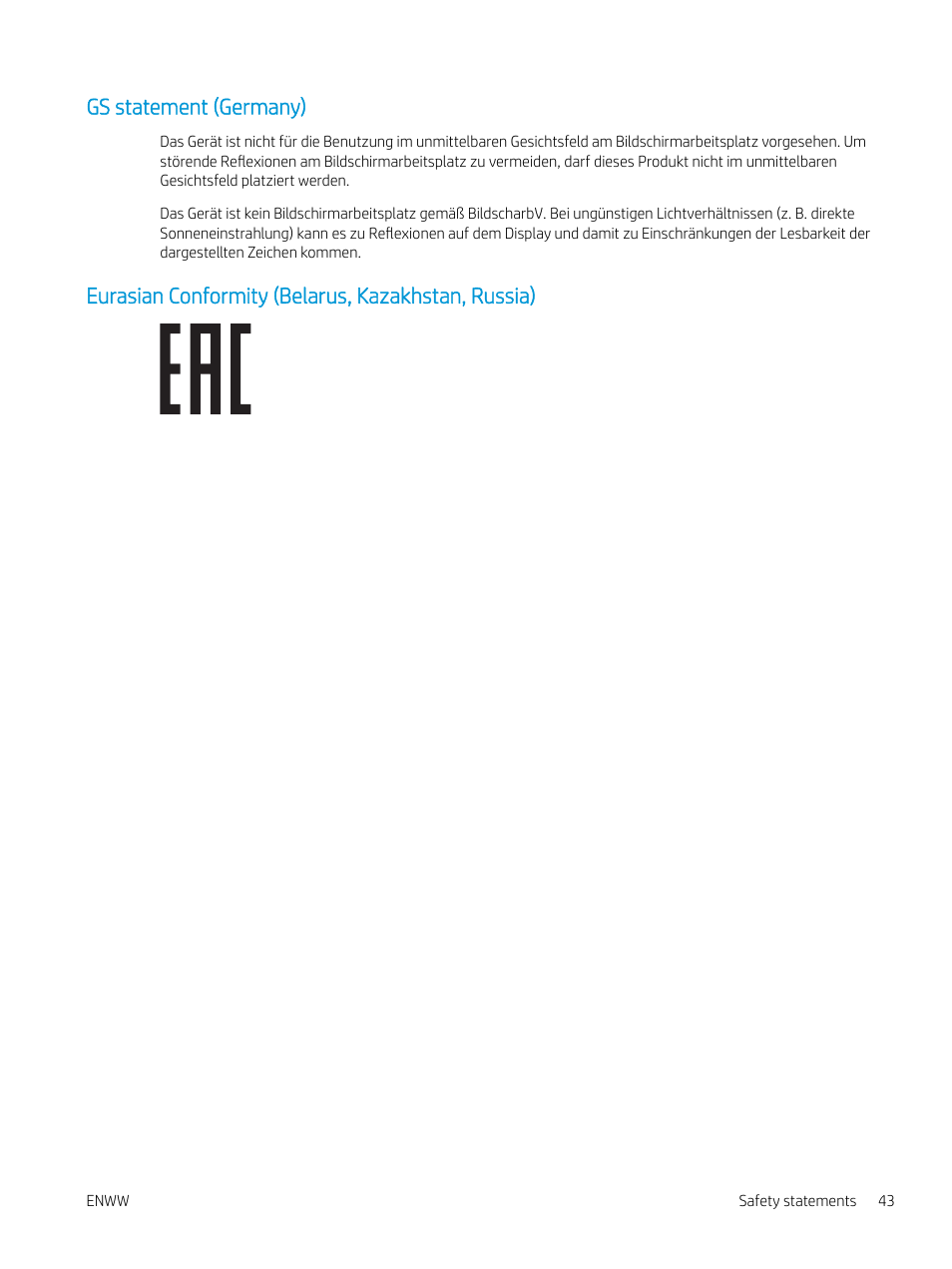 Gs statement (germany), Eurasian conformity (belarus, kazakhstan, russia) | HP LaserJet Pro MFP M227fdw User Manual | Page 51 / 60