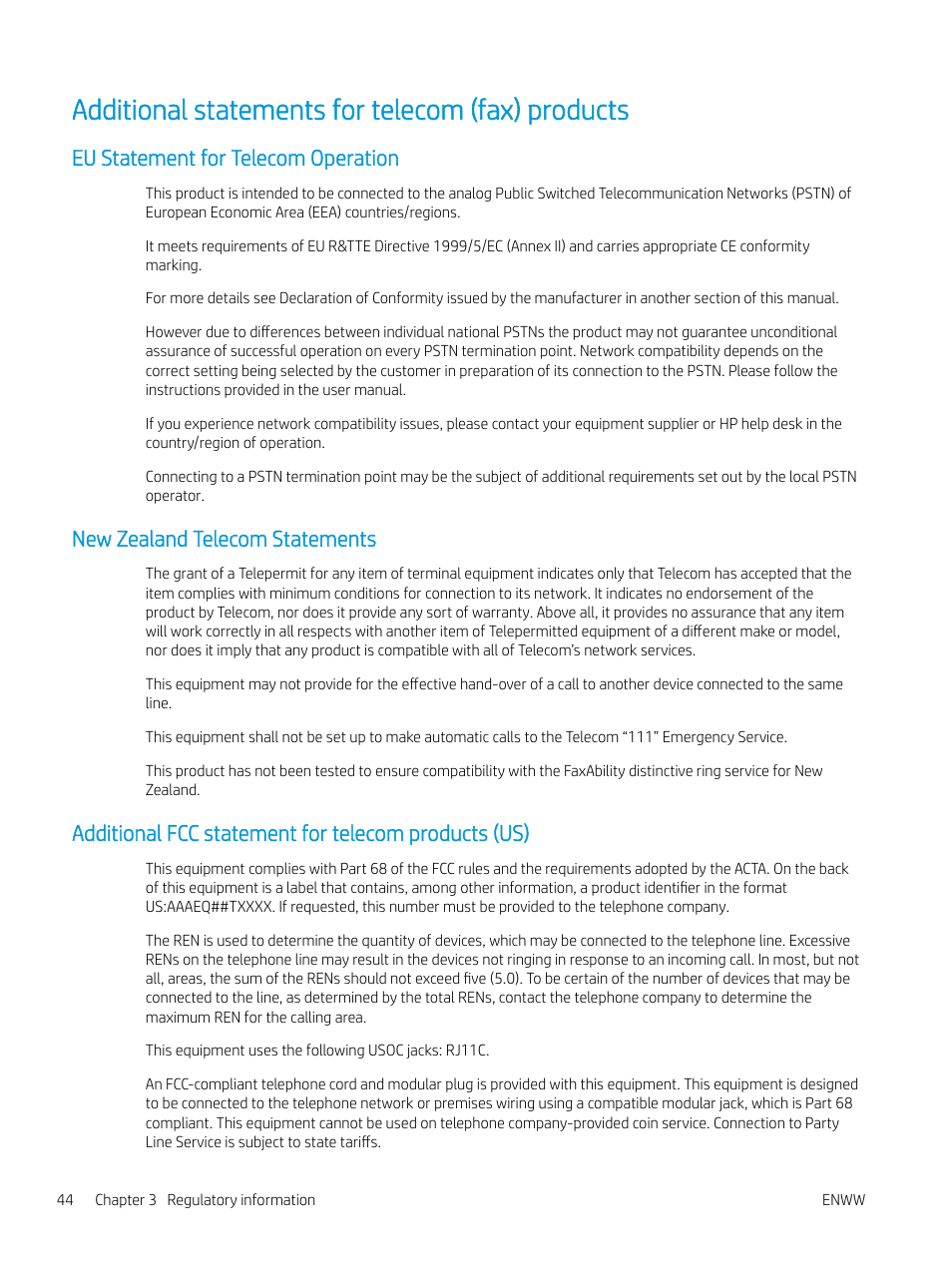 Additional statements for telecom (fax) products, Eu statement for telecom operation, New zealand telecom statements | Additional fcc statement for telecom products (us) | HP LaserJet Pro MFP M227fdw User Manual | Page 52 / 60