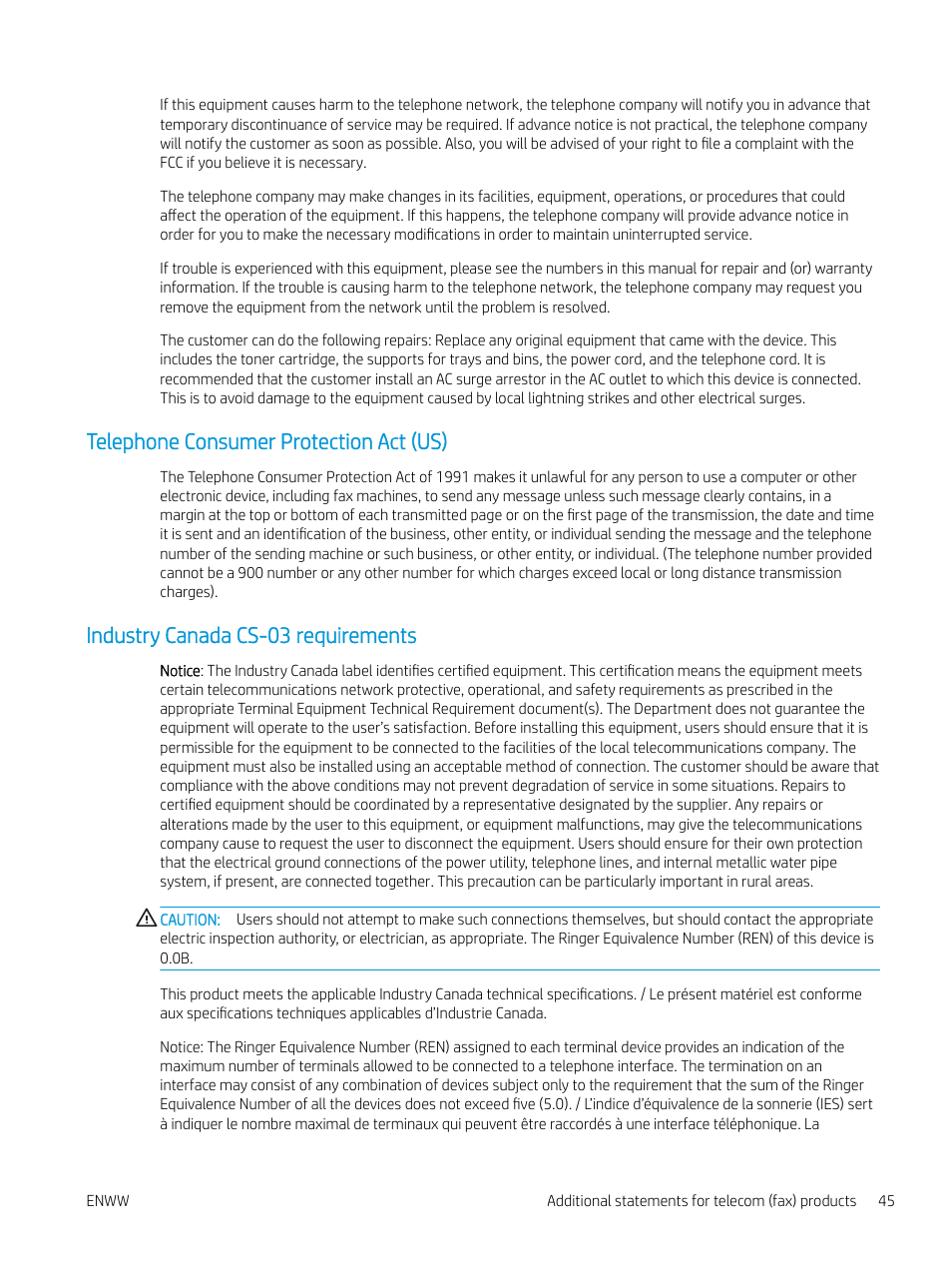 Telephone consumer protection act (us), Industry canada cs-03 requirements | HP LaserJet Pro MFP M227fdw User Manual | Page 53 / 60