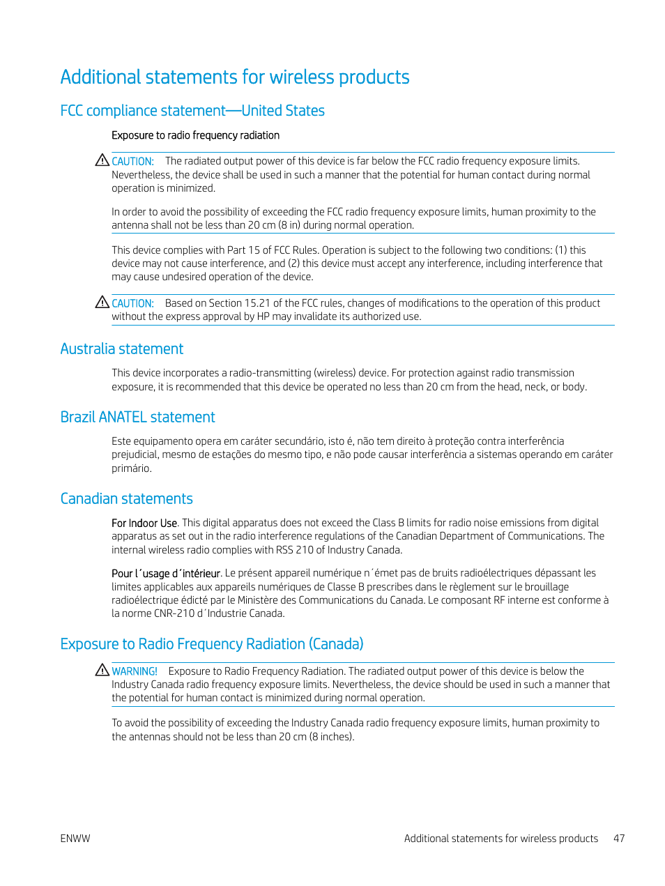 Additional statements for wireless products, Fcc compliance statement—united states, Australia statement | Brazil anatel statement, Canadian statements, Exposure to radio frequency radiation (canada) | HP LaserJet Pro MFP M227fdw User Manual | Page 55 / 60