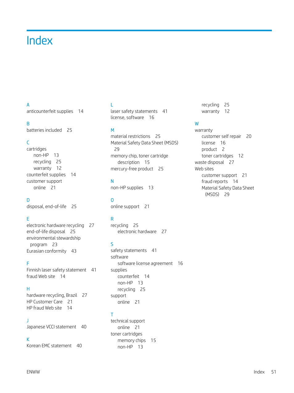 Index | HP LaserJet Pro MFP M227fdw User Manual | Page 59 / 60