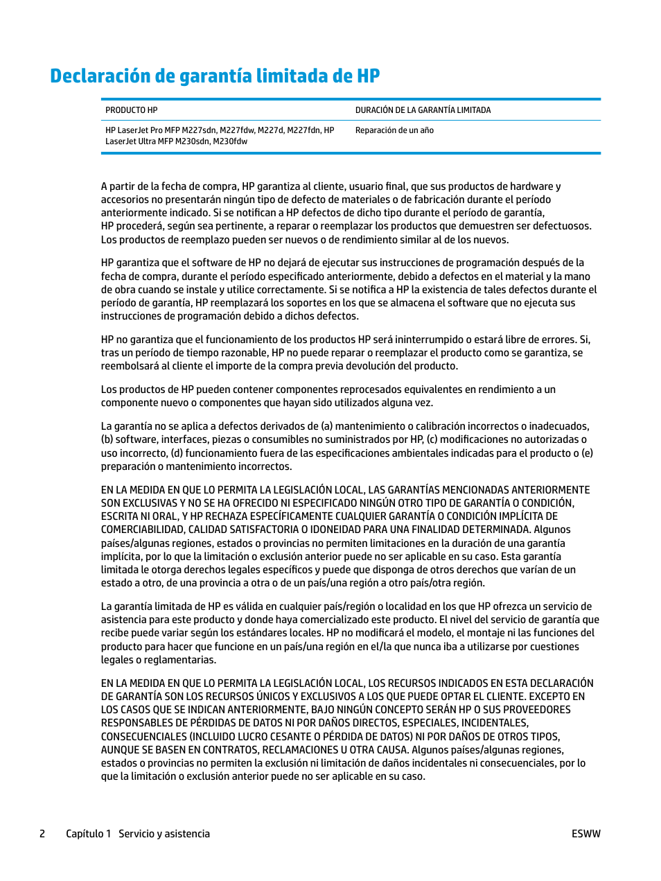 Declaración de garantía limitada de hp | HP LaserJet Pro MFP M227fdw User Manual | Page 10 / 58