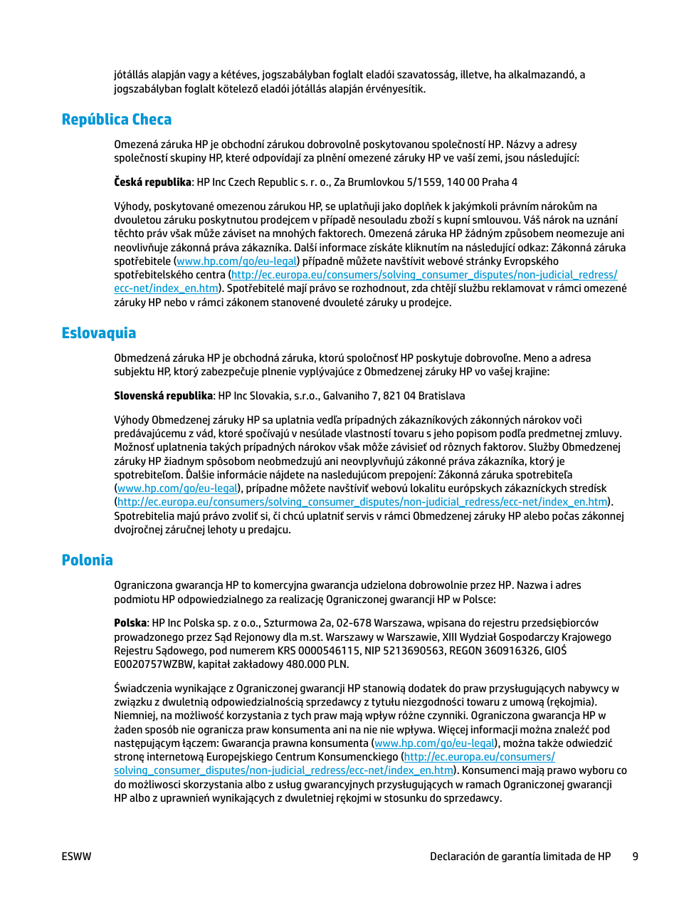 República checa, Eslovaquia, Polonia | República checa eslovaquia polonia | HP LaserJet Pro MFP M227fdw User Manual | Page 17 / 58