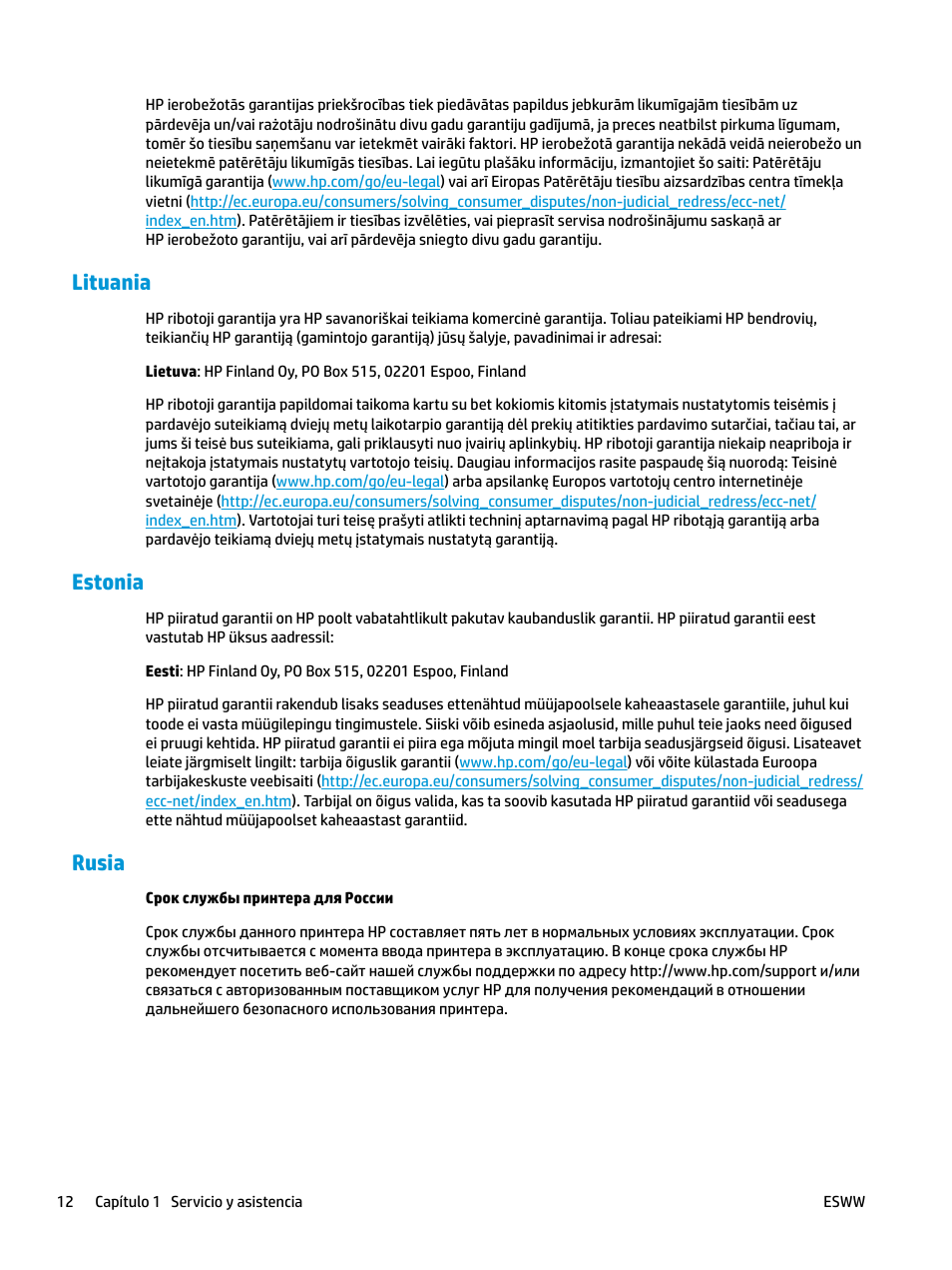 Lituania, Estonia, Rusia | Lituania estonia rusia | HP LaserJet Pro MFP M227fdw User Manual | Page 20 / 58