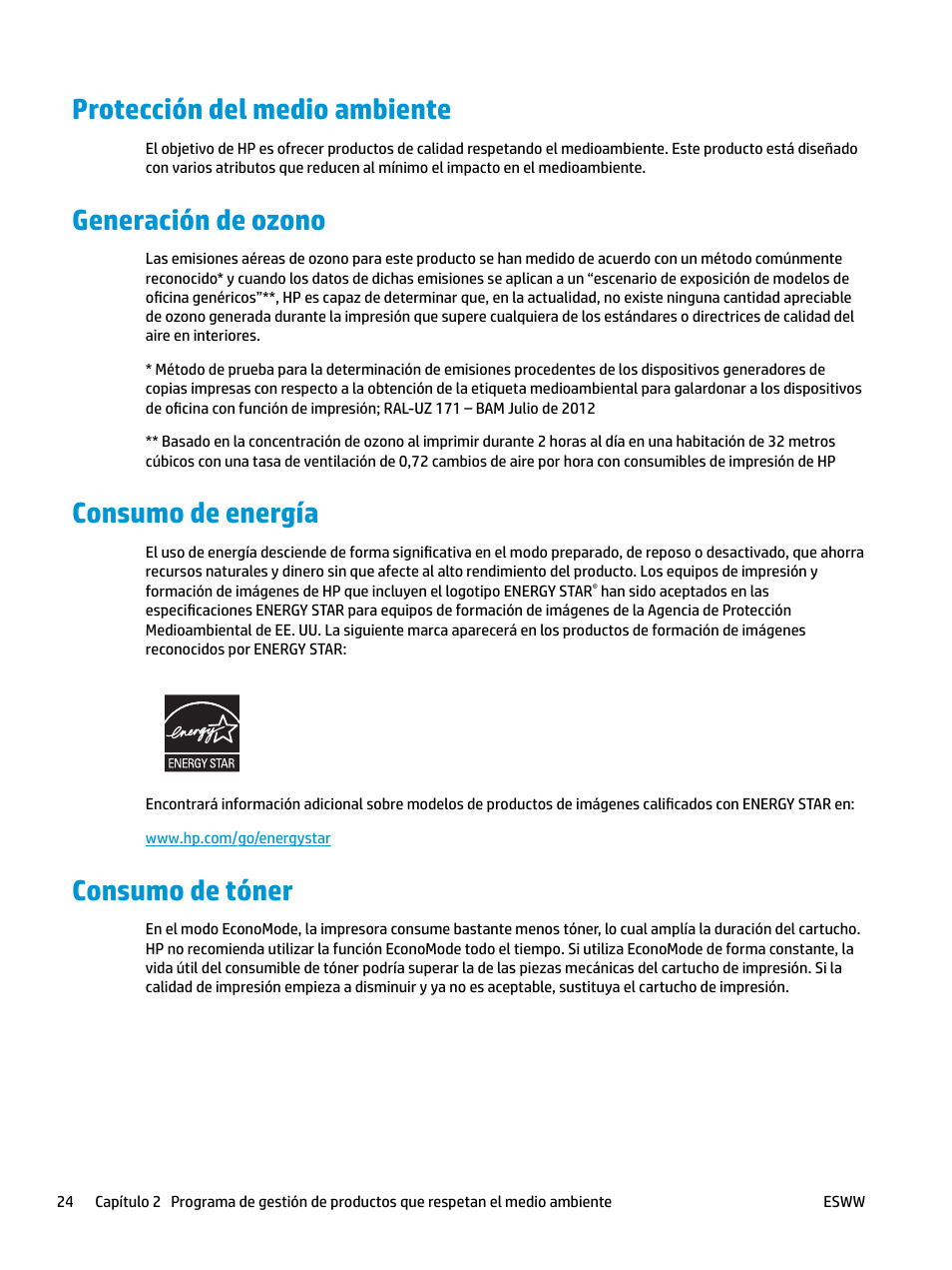 Protección del medio ambiente, Generación de ozono, Consumo de energía | Consumo de tóner | HP LaserJet Pro MFP M227fdw User Manual | Page 32 / 58