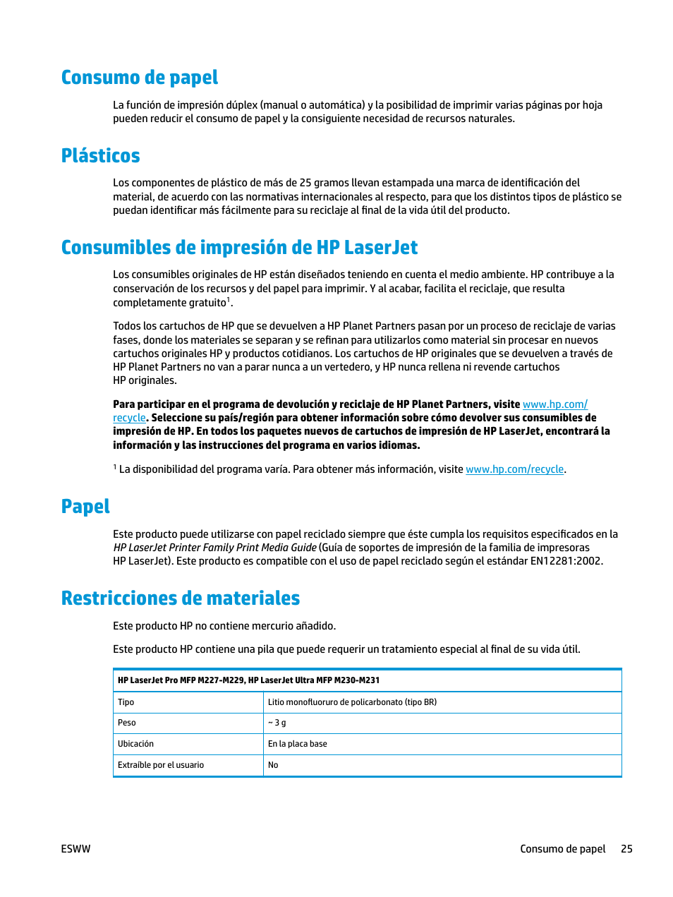 Consumo de papel, Plásticos, Consumibles de impresión de hp laserjet | Papel, Restricciones de materiales | HP LaserJet Pro MFP M227fdw User Manual | Page 33 / 58