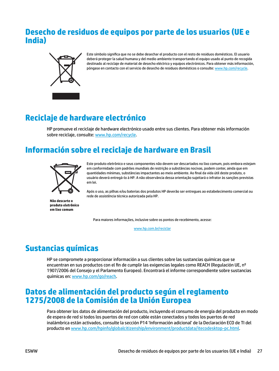 Reciclaje de hardware electrónico, Sustancias químicas | HP LaserJet Pro MFP M227fdw User Manual | Page 35 / 58