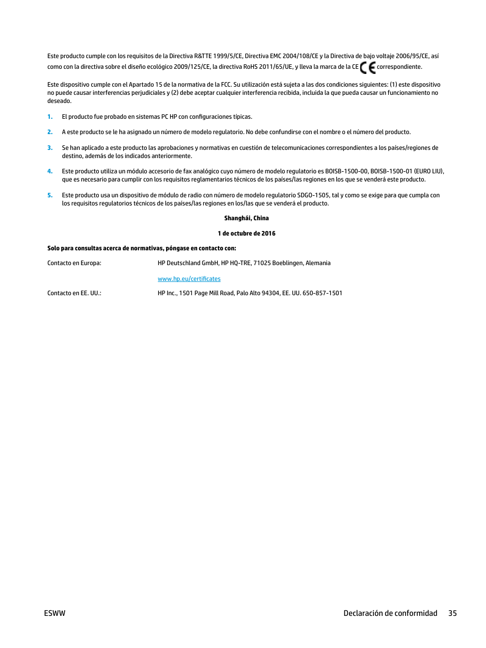 Esww declaración de conformidad 35 | HP LaserJet Pro MFP M227fdw User Manual | Page 43 / 58