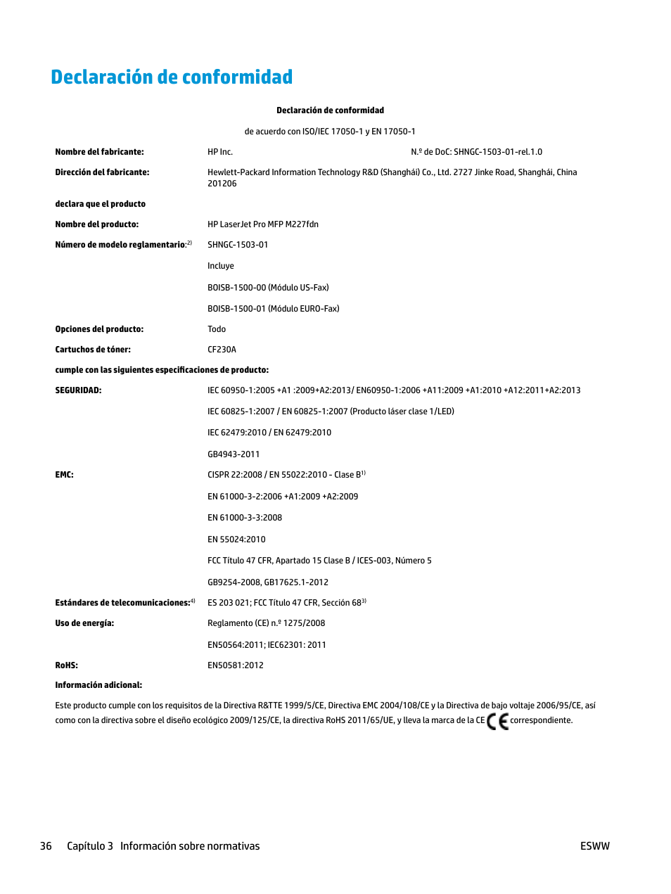 Declaración de conformidad, 36 capítulo 3 información sobre normativas esww | HP LaserJet Pro MFP M227fdw User Manual | Page 44 / 58