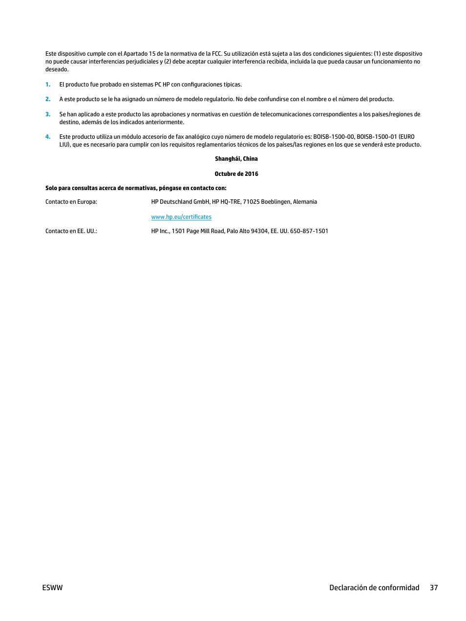 Esww declaración de conformidad 37 | HP LaserJet Pro MFP M227fdw User Manual | Page 45 / 58