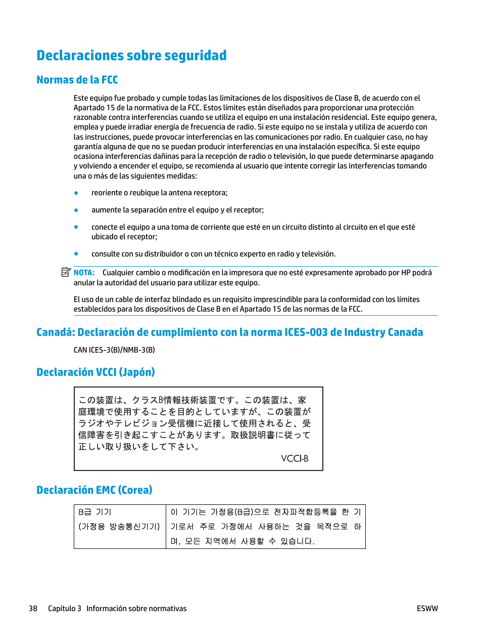 Declaraciones sobre seguridad, Normas de la fcc, Declaración vcci (japón) | Declaración emc (corea), Declaración vcci (japón) declaración emc (corea) | HP LaserJet Pro MFP M227fdw User Manual | Page 46 / 58