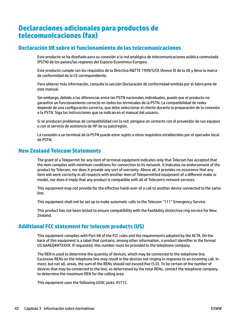 New zealand telecom statements, Additional fcc statement for telecom products (us) | HP LaserJet Pro MFP M227fdw User Manual | Page 50 / 58