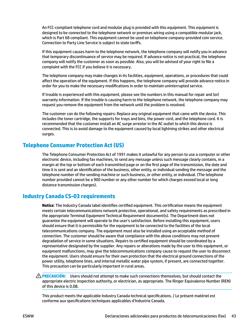 Telephone consumer protection act (us), Industry canada cs-03 requirements | HP LaserJet Pro MFP M227fdw User Manual | Page 51 / 58