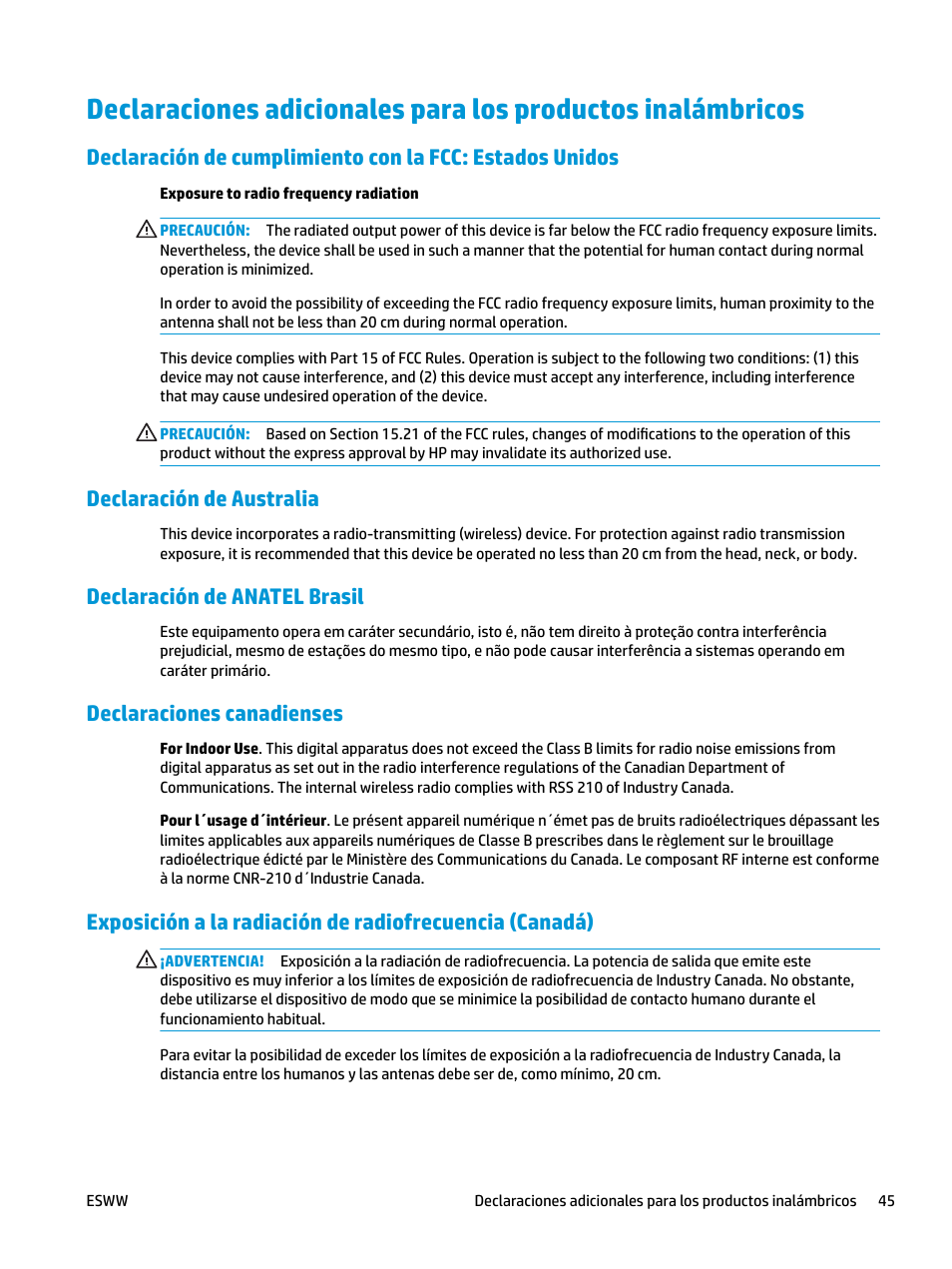 Declaración de australia, Declaración de anatel brasil, Declaraciones canadienses | HP LaserJet Pro MFP M227fdw User Manual | Page 53 / 58