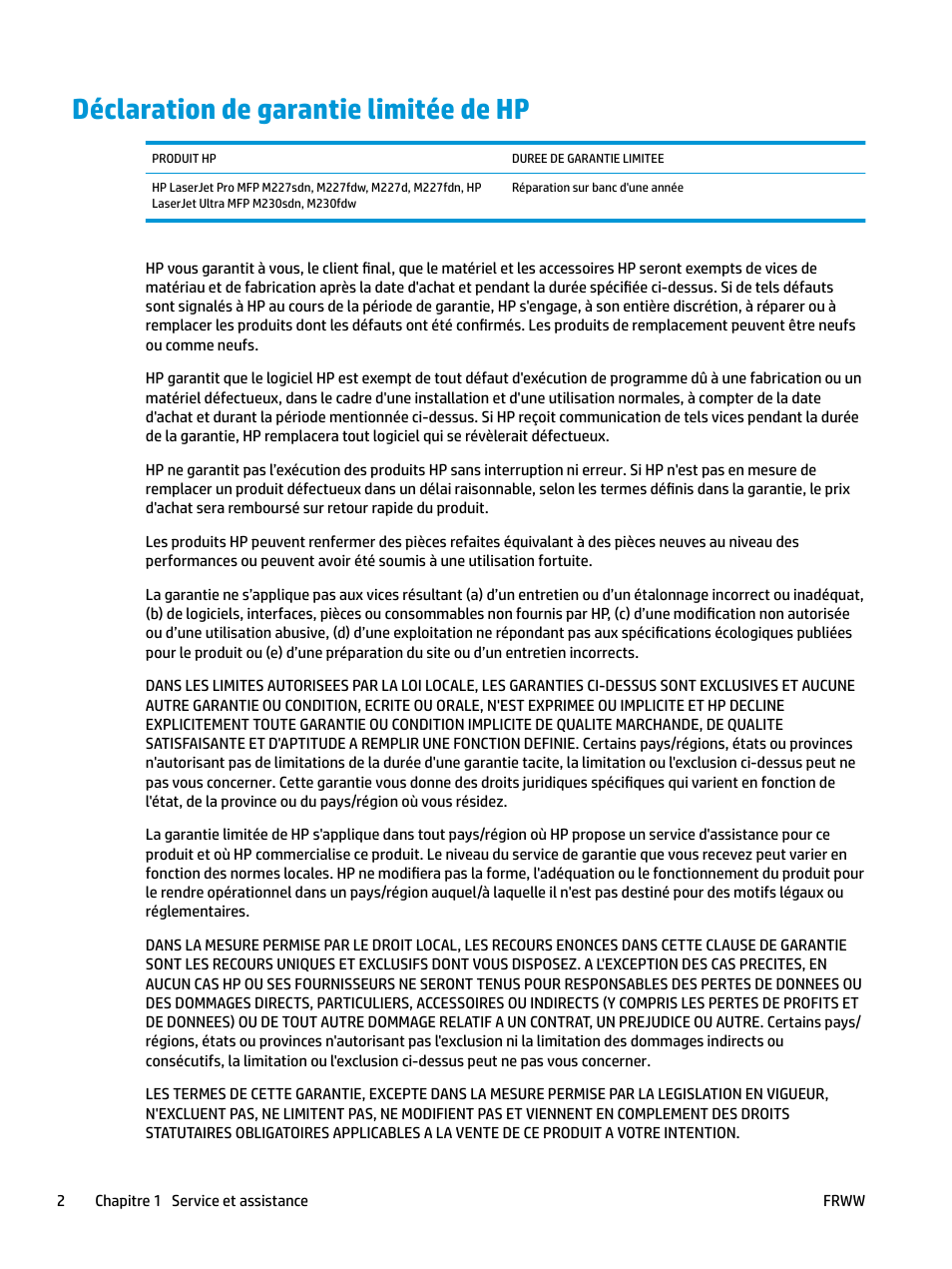 Déclaration de garantie limitée de hp | HP LaserJet Pro MFP M227fdw User Manual | Page 10 / 60