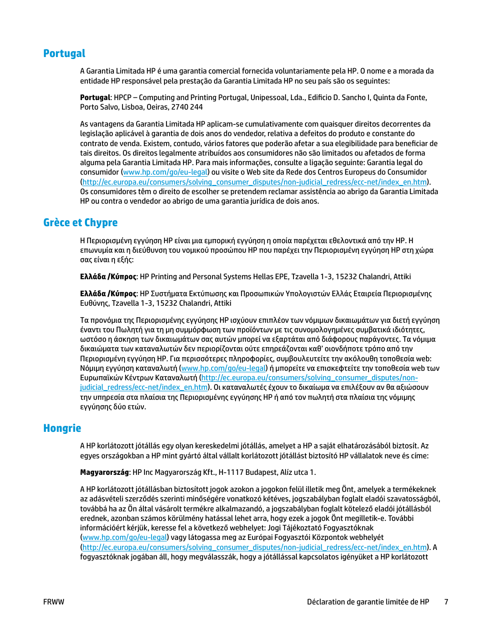 Portugal, Grèce et chypre, Hongrie | Portugal grèce et chypre hongrie | HP LaserJet Pro MFP M227fdw User Manual | Page 15 / 60