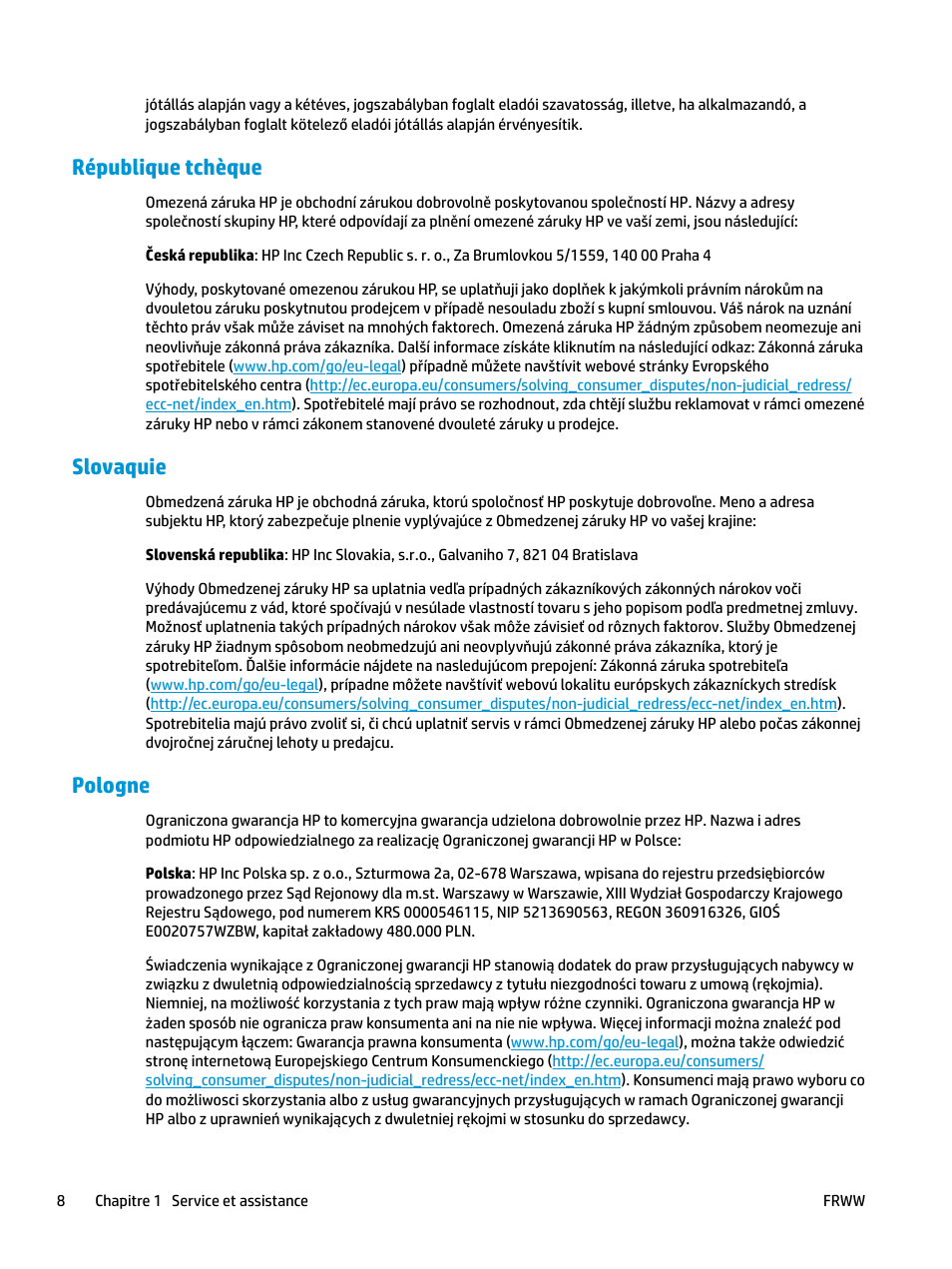République tchèque, Slovaquie, Pologne | République tchèque slovaquie pologne | HP LaserJet Pro MFP M227fdw User Manual | Page 16 / 60