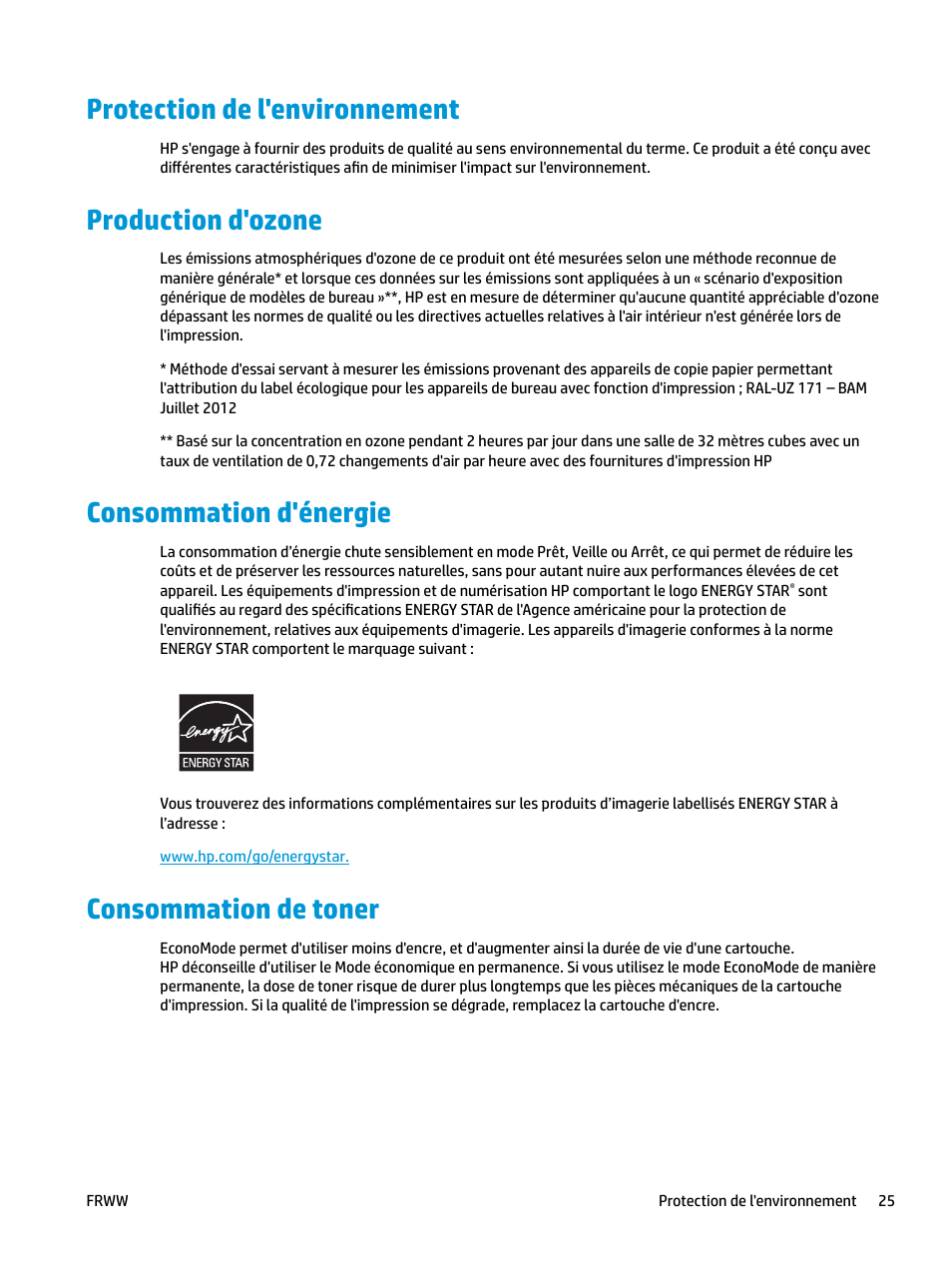 Protection de l'environnement, Production d'ozone, Consommation d'énergie | Consommation de toner | HP LaserJet Pro MFP M227fdw User Manual | Page 33 / 60