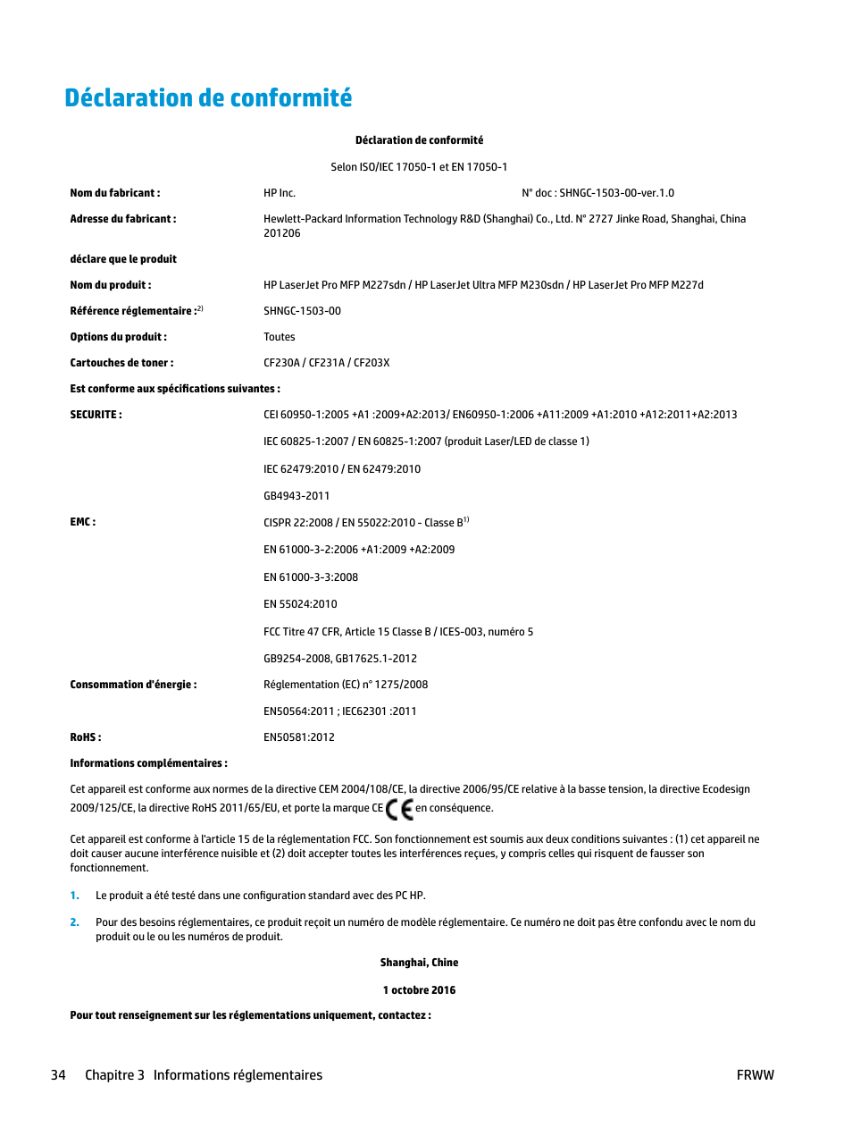 Déclaration de conformité, 34 chapitre 3 informations réglementaires frww | HP LaserJet Pro MFP M227fdw User Manual | Page 42 / 60