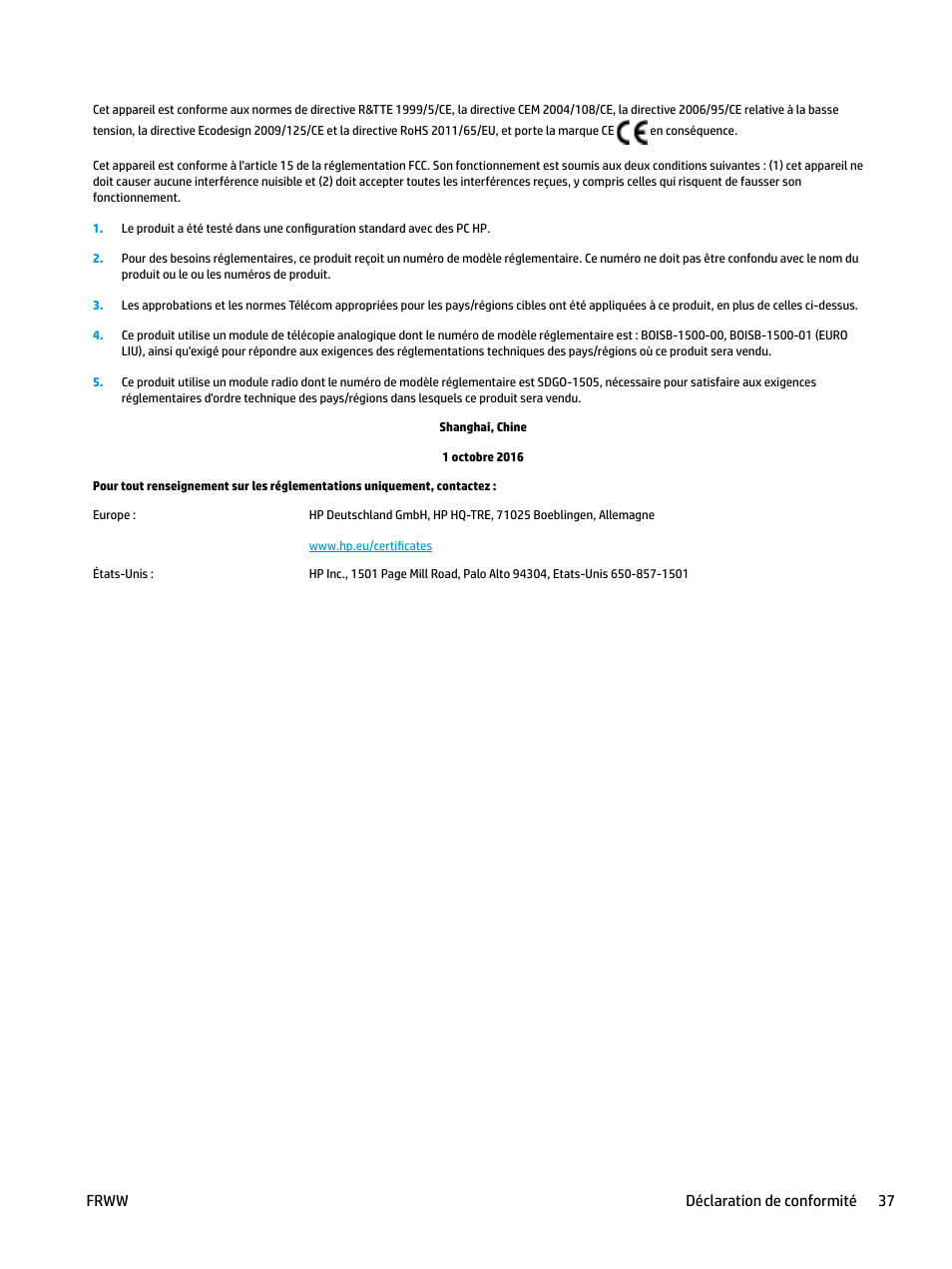 Frww déclaration de conformité 37 | HP LaserJet Pro MFP M227fdw User Manual | Page 45 / 60